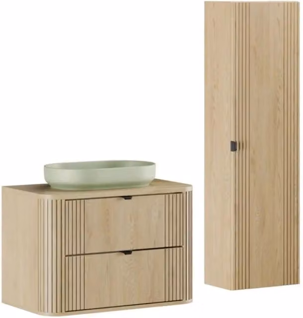 Set da bagno KORI Meublorama moderno in legno MDF color marrone e beige composto da mobile sottolavabo, piano, lavabo da appoggio e colonna di stoccaggio – 1