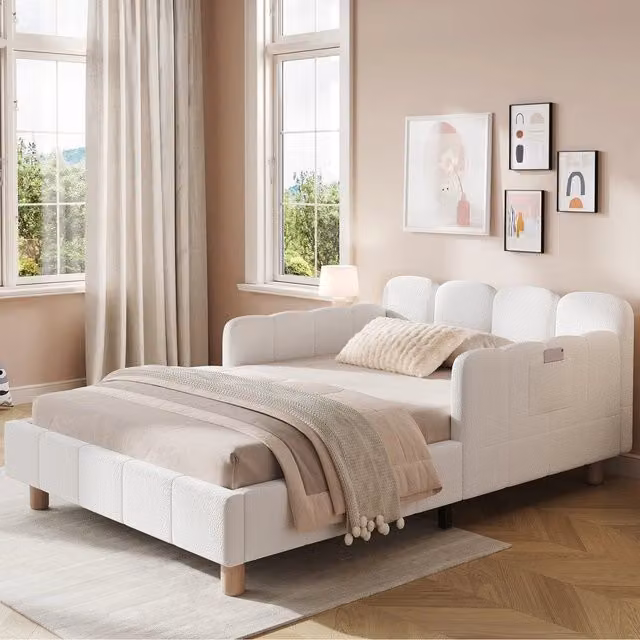 Letto Singolo Imbottito con Testiera e Sponda ¨C Xylo ¨C Boucl¨¦ Beige, Gambe in Legno Massello, 90x200