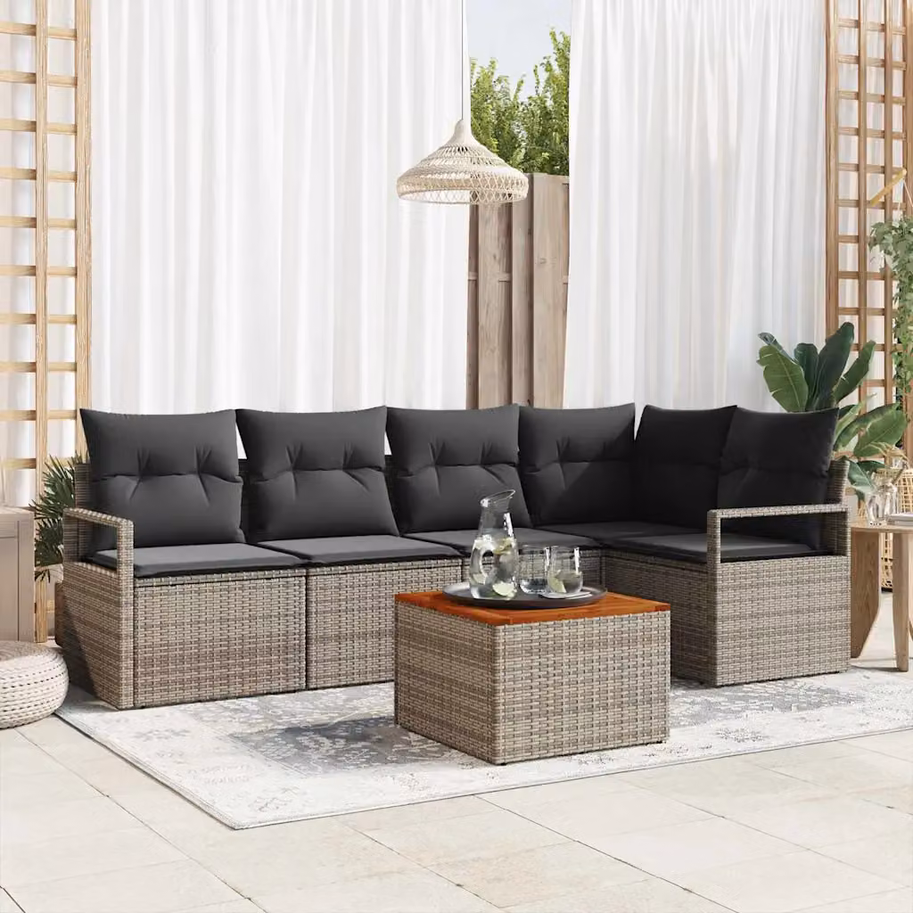 Set Divano da Giardino a L vidaXL da 6 pezzi in Polyrattan Grigio con Tavolino e Cuscini – 1