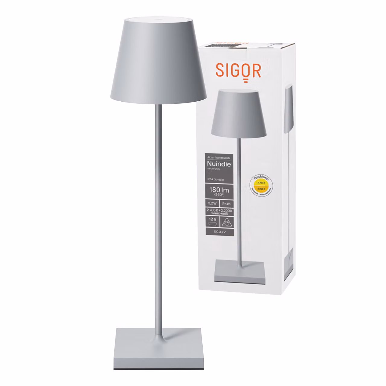 Lampada da tavolo LED ricaricabile, adatta anche per l'esterno, grado di protezione IP54, colore grigio nebbia, con porta USB-C, modello FlexMood
