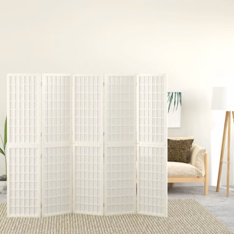 Divisorio Pieghevole vidaXL in Legno di Abete Stile Giapponese con 5 Pannelli Bianchi L: 200 cm, H: 170 cm