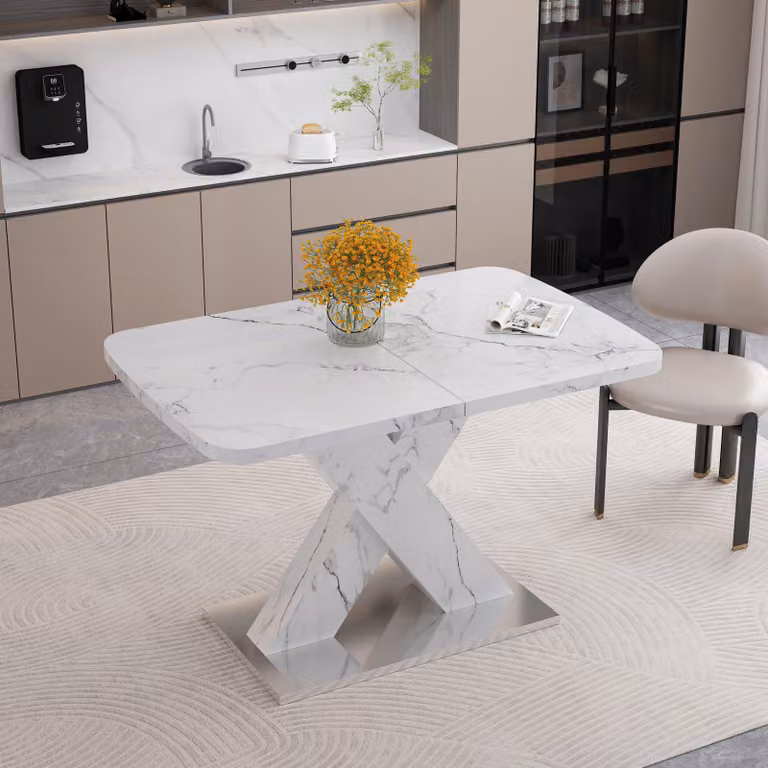 okwish Tavolo da pranzo moderno tavolo da soggiorno rettangolare, tavolo laterale allungabile con piano in marmo e gambe a X in MDF, tavolo con struttura in metallo, bianco