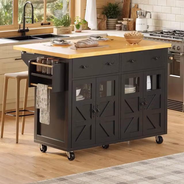 Carrello da cucina con piano estraibile, 1 cassetto, ripiani regolabili e 5 ruote, per cucina e soggiorno, in MDF, nero