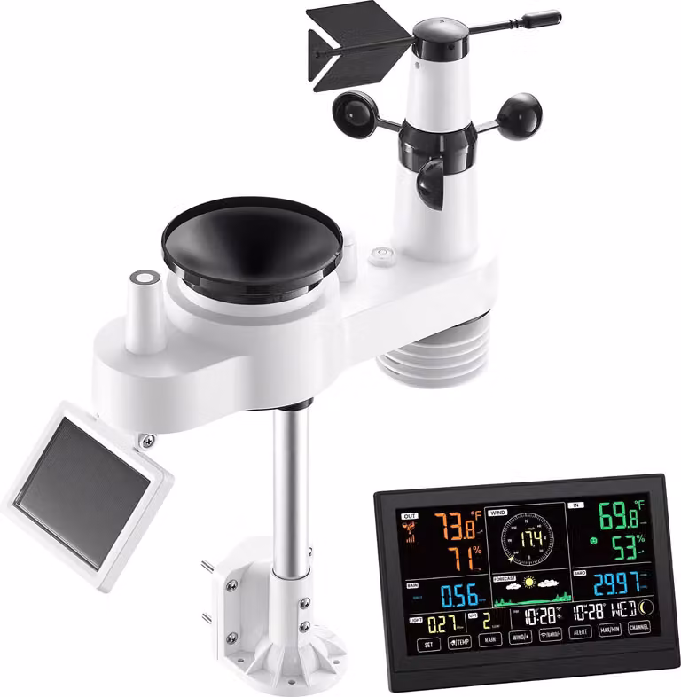 SucceBuy Stazione meteo WLAN 7-in-1 con APP, display VA da 7,5 pollici, sensore da esterno alimentato a energia solare, centro meteorologico per dati meteo come velocità del vento, temperatura, umidità e precipitazioni