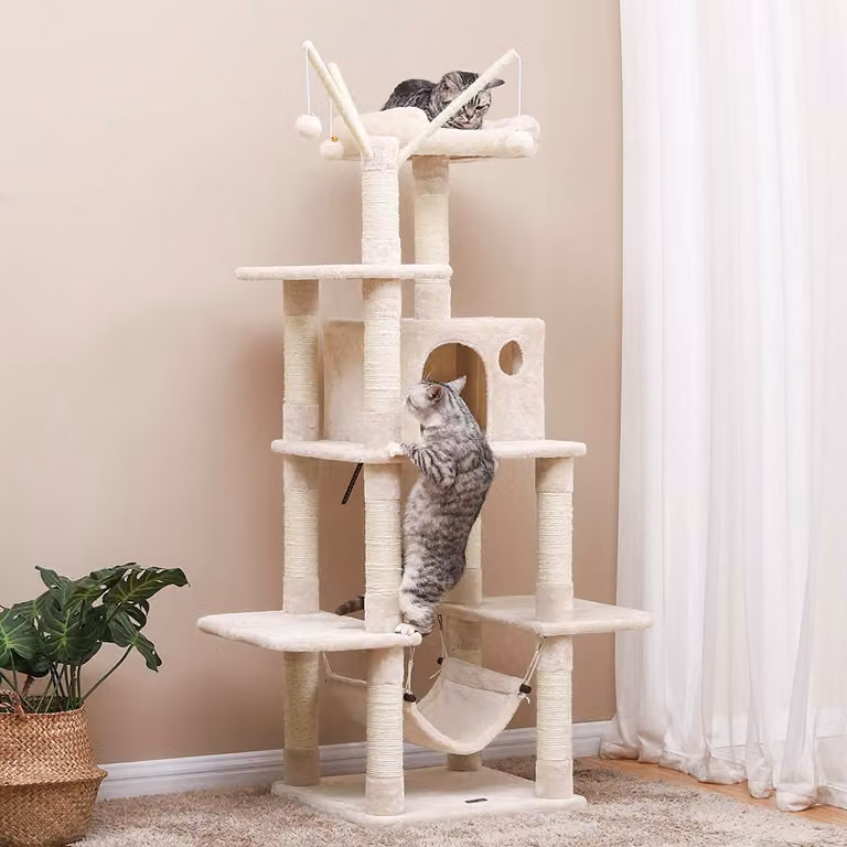 FEANDREA tiragraffi XXL 154cm con grotta e amaca e gioco in sisal per 3-4 gatti beige PCT86M