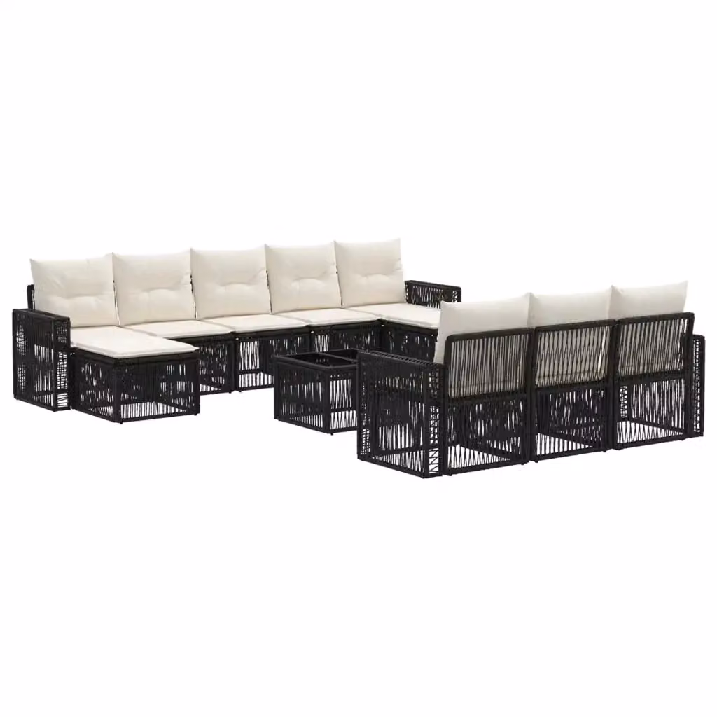 Set Divano da Giardino Moderno vidaXL a Forma a U in Polyrattan con Cuscini, Nero e Bianco Crema, 11 Pezzi – 2