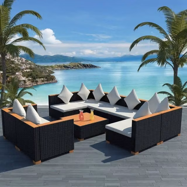 Set da giardino moderno vidaXL composto da 9 pezzi con divani a L, elementi angolari, tavolino da caffè e cuscini con rivestimenti rimovibili in polyrattan e metallo nero – 1