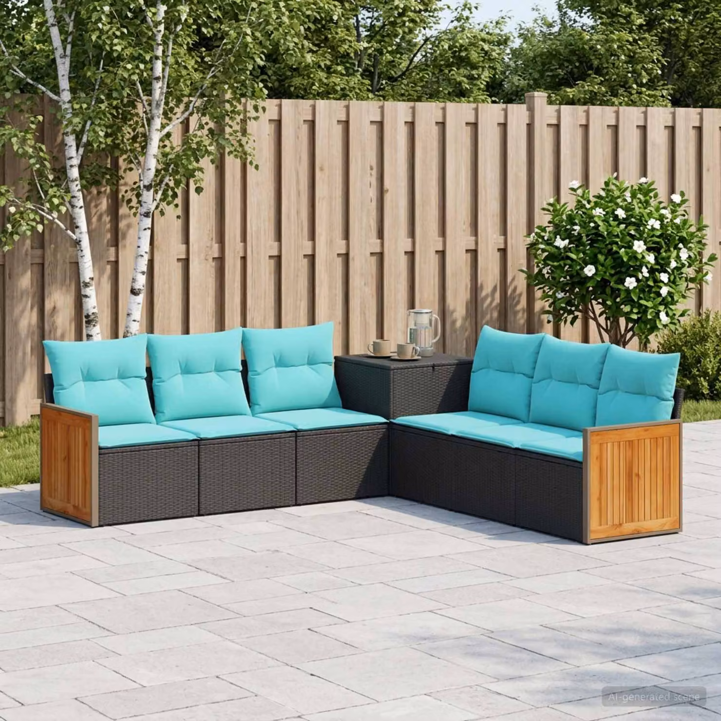 Set di divani da giardino vidaXL in rattan e acciaio con cuscini, nero e blu turchese