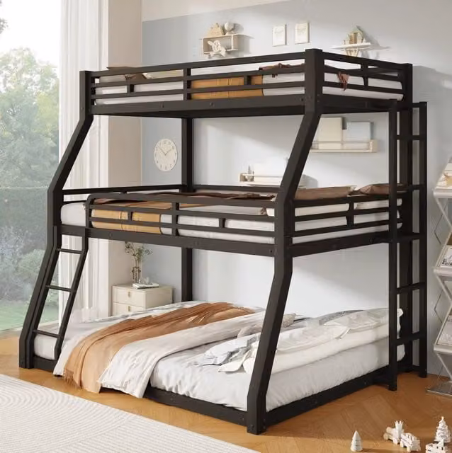 Letto a castello triplo in metallo 90x200/120x200/140x200 cm con scale laterali e protezioni, colore nero