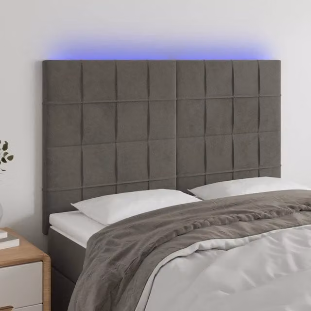 Testiera con LED Design Mania in Velluto Grigio Scuro con Porte USB L/P/H: 144 x 5 x 118/128 cm – 1