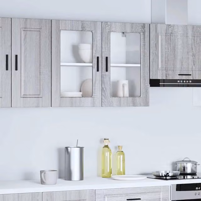 Pensile da cucina moderno vidaXL con ante in vetro e ripiani interni, grigio