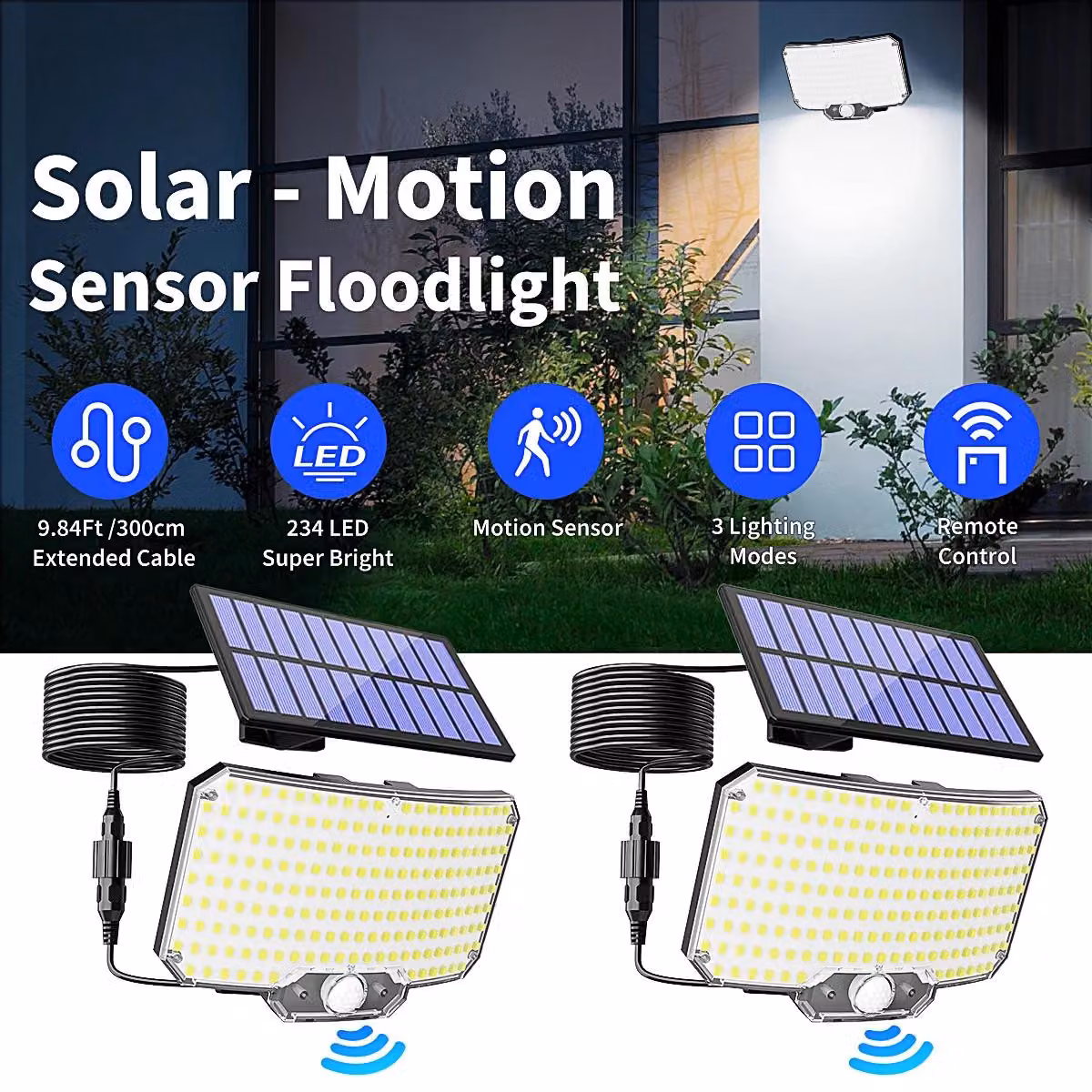 Lampada solare - Illuminazione esterna a LED - Confezione da 2 - Sensore di movimento - Telecomando - 3 modalità di illuminazione - Resistente all'acqua (IP65) - Ideale per garage e giardino