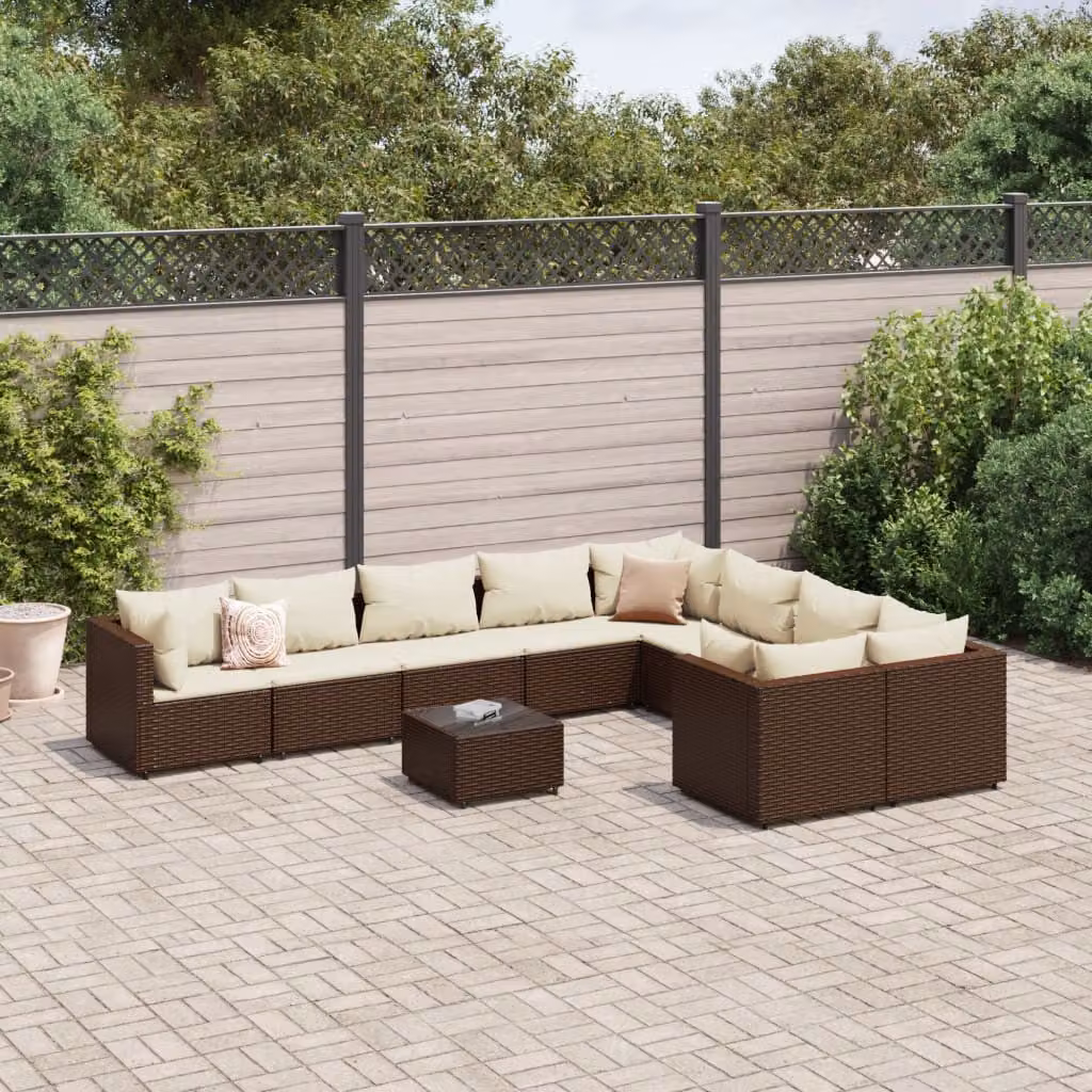 Set di divani da giardino vidaXL 10 pezzi con cuscini e tavolino, polyrattan marrone e bianco con struttura in acciaio e vetro – 1