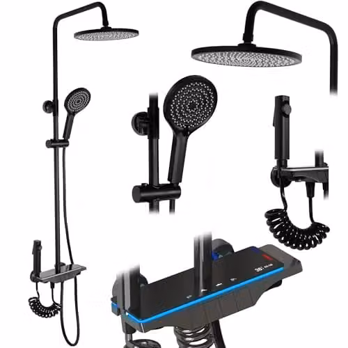 Rea - Colonna Doccia Savio Led Nero Ottone Sistema Doccia Per Bagno (Nero) 13 X 28 X 120 cm