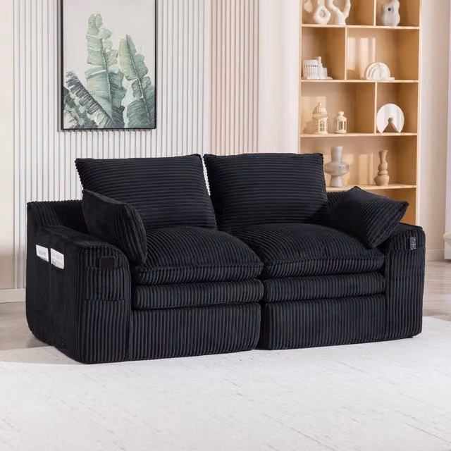 Divano 2 posti 191x94x85 cm con tasche laterali e cuscini in velluto a coste nero