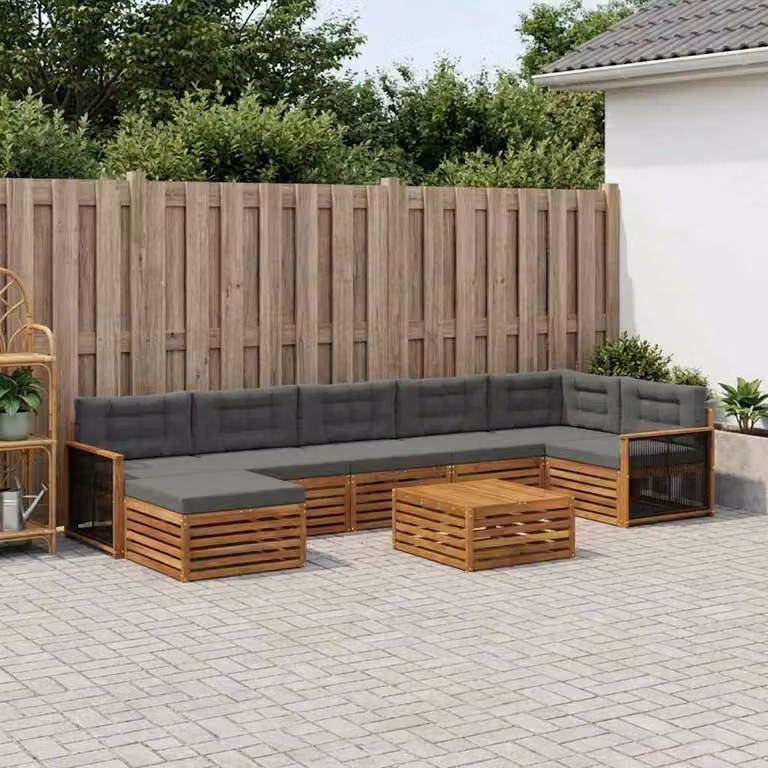 Set di divani da esterno vidaXL a forma di L in legno di acacia con tavolino e pouf, 8 pezzi, colore Antracite e Naturale