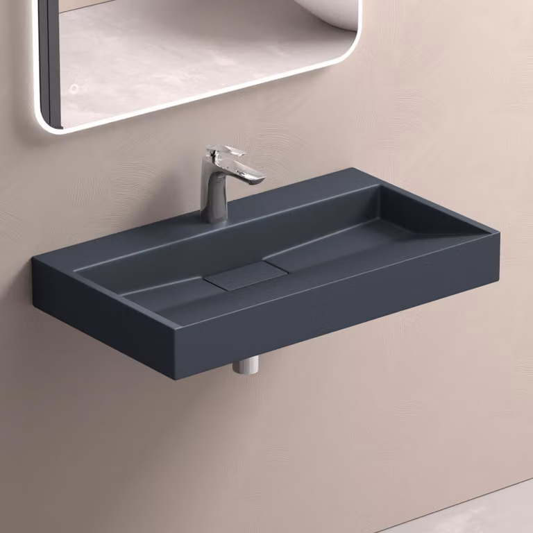 doporro Lavabo da Appoggio Bagno Sospeso Lavandino Rettangolare in Marmoresina con Piletta di Scarico Inclusa Colossum19, 70x46x11 cm Antracite Opaco Monoforo