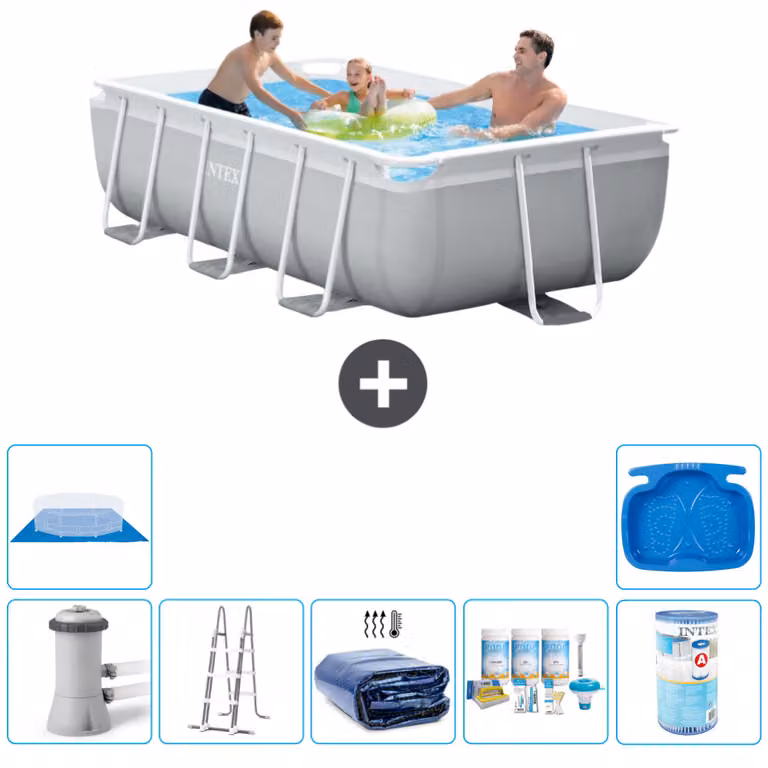 Piscina Intex con struttura a prisma rettangolare - 300 x 175 x 80 cm - grigio - inclusa pompa - scaletta tenda da sole - pacchetto manutenzione - filtro - telo di fondo - vasca per i piedi