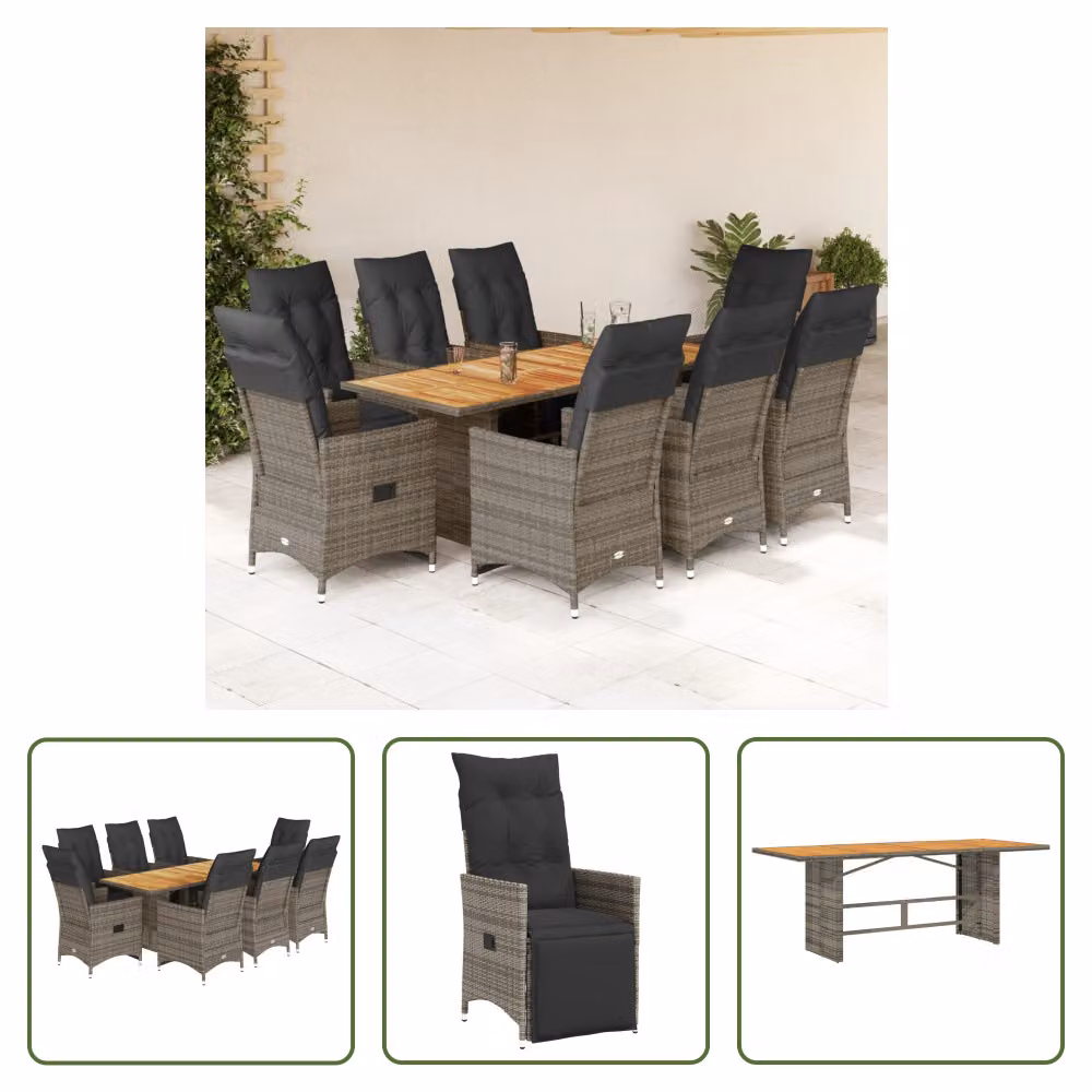 The Living Store Set bistrot da giardino 9 pezzi con cuscini in poly rattan grigio
