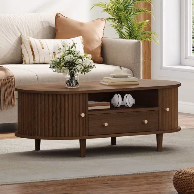 Tavolino da caffè 100x50x36 cm con cassetto e vano aperto in MDF noce