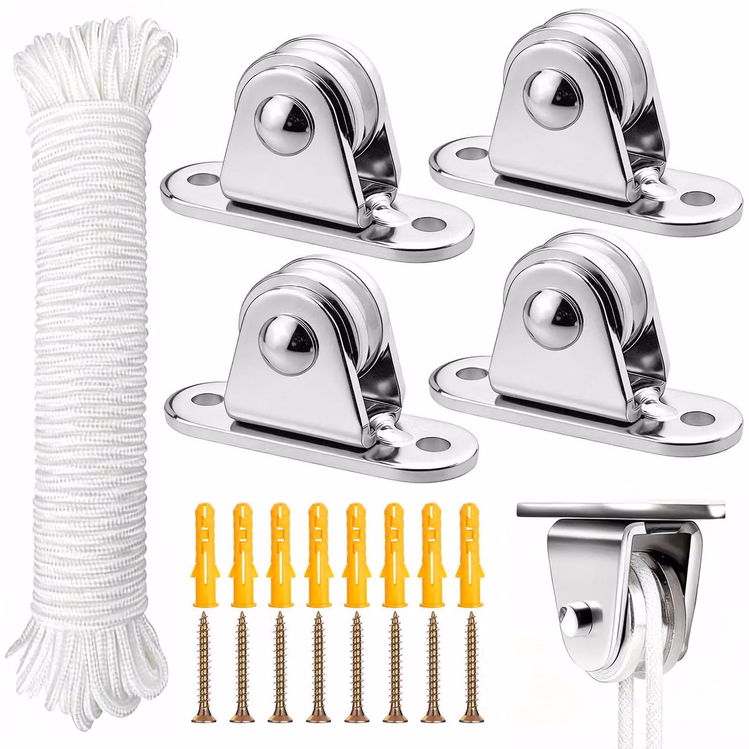 Set di 4 carrucole in acciaio inossidabile, complete di 50 metri di corda da 5 mm