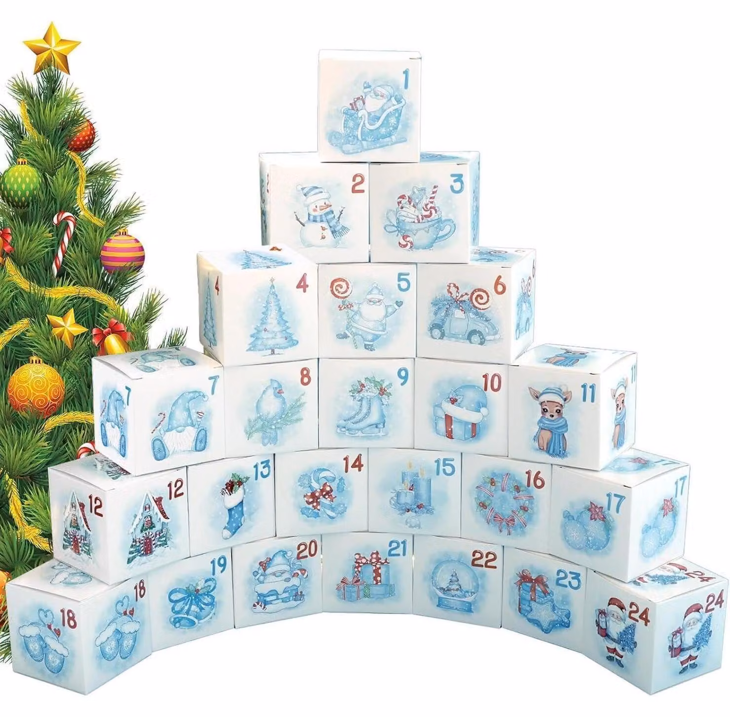 Calendario dell'Avvento da riempire, fai da te, 24 scatole cubiche blu, con adesivi e corda di juta, 7x7x7 cm