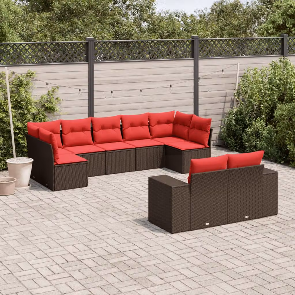 Set di divani da giardino vidaXL in polyrattan marrone con 9 pezzi e cuscini inclusi