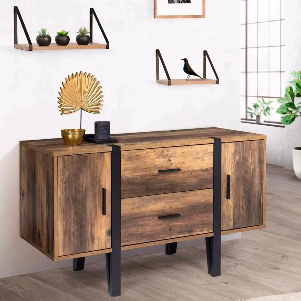 IDMarket Credenza bassa AUSTRIA in stile industrial con gambe in legno, colore nero e marrone, L: 105 cm, P: 40 cm, H: 60 cm – 2
