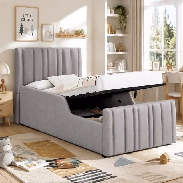 Letto singolo imbottito con contenitore Minimal grigio in tessuto con rete a doghe e testiera idraulica L/P/H: 90 x 200 cm