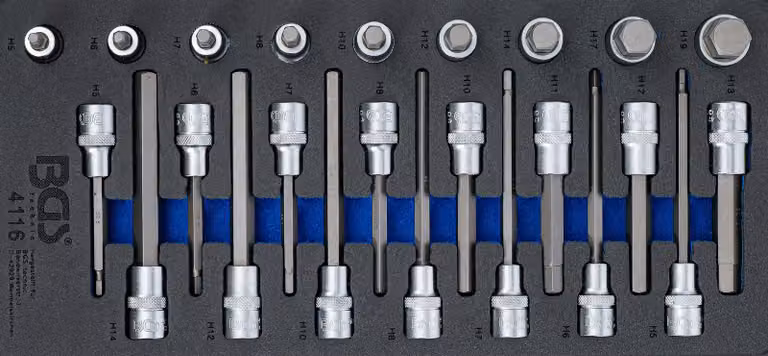 BGS carrello da officina 1/3: Set di inserti per bit con attacco quadrato 12,5 mm (1/2") esagono cavo 24 pz - 4116