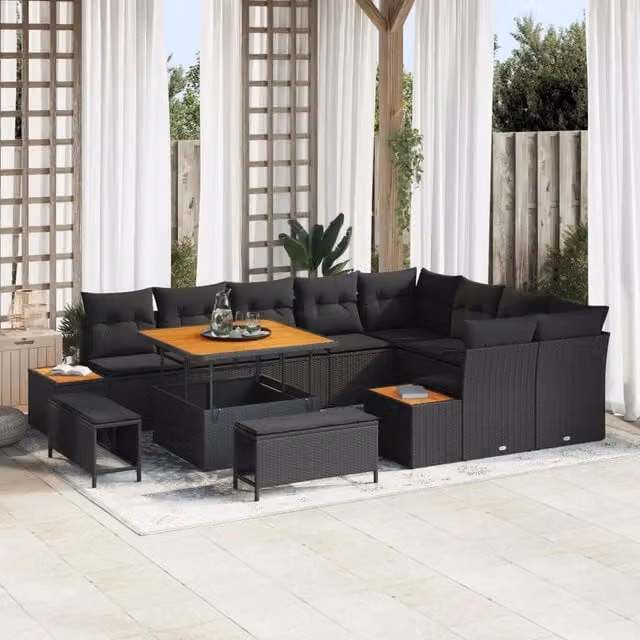 Set Divano da Giardino a Forma a U vidaXL in Polyrattan Nero con Cuscini e Tavolino da Esterno