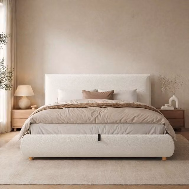 Letto matrimoniale 180x200 cm con contenitore idraulico e rete a doghe; bouclé bianco