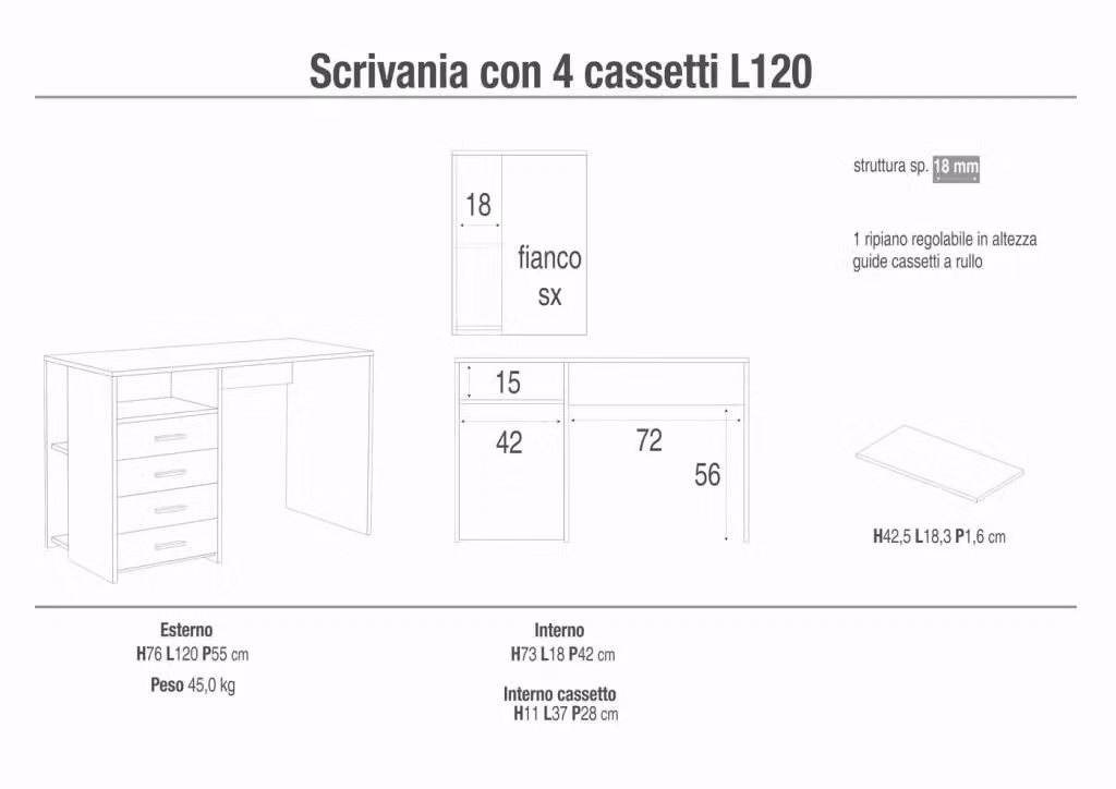 Scrivania moderna SARMOG con cassettiera in MDF laminato opaco L: 120 cm, P: 55 cm, H: 76 cm – 2