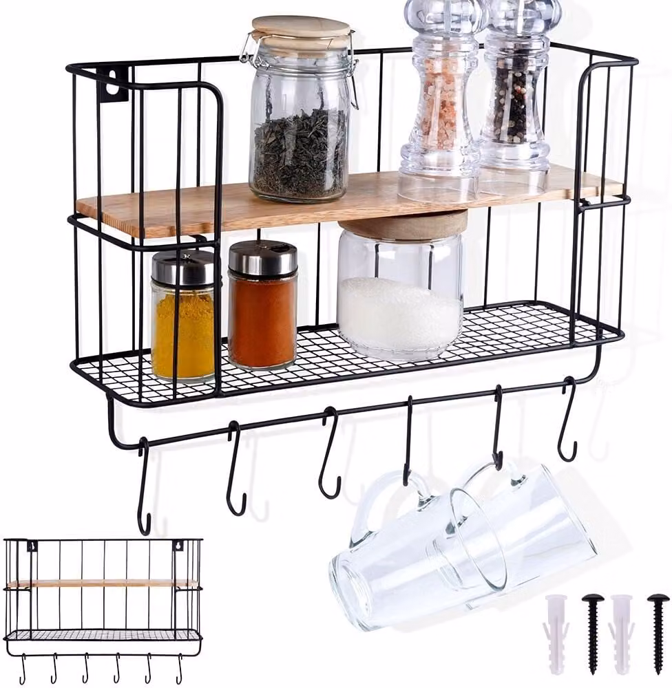 Scaffale da cucina Vilde da appendere Scaffale da parete con 2 ripiani e una barra di ganci 41x12x25,5 cm