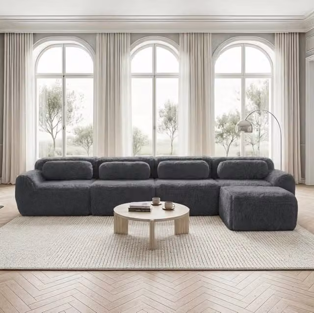 Divano angolare modulare 4 posti a L 378x179x73 cm in tessuto plush grigio con chaise longue