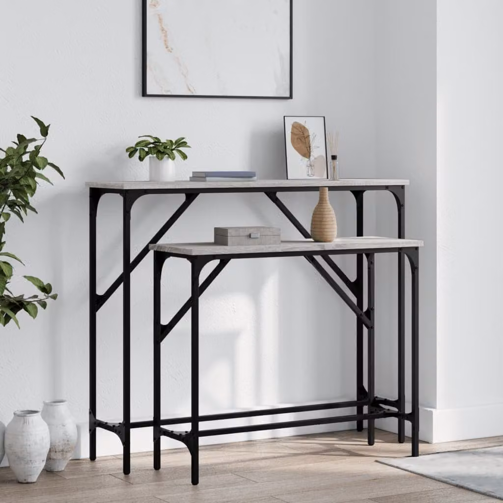 Set di 2 tavolini consolle vidaXL in legno e metallo, colore grigio, stile industriale per soggiorno o ingresso