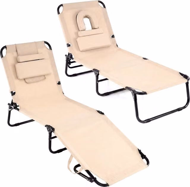 2*Sedia pieghevole con foro per il viso cuscini rimovibili schienale regolabile in 5 livelli, Sedia a sdraio Beige
