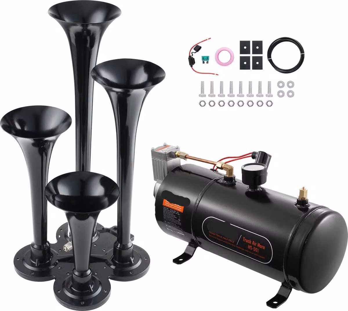 Clacson per tromba - 4 pezzi - Clacson ad aria - 12 Volt - Con compressore - 150 dB - Nero