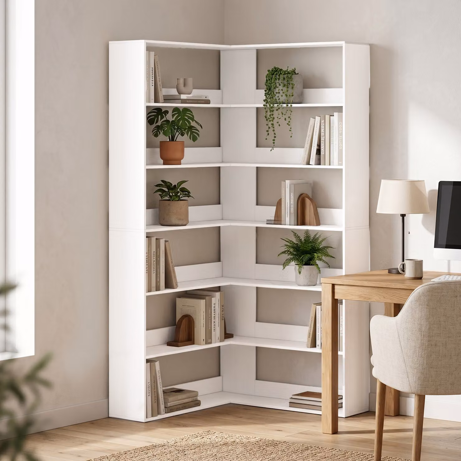Scaffale angolare a L HOMCOM con 7 ripiani e protezione posteriore, bianco effetto legno – 2