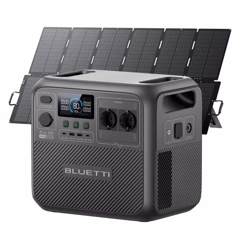 BLUETTI Elite 200 V2: stazione di ricarica portatile con pannello solare da 500 W e generatore a batteria LiFePO4 da 2073,6 Wh, ideale per campeggio, camper e uso off-grid