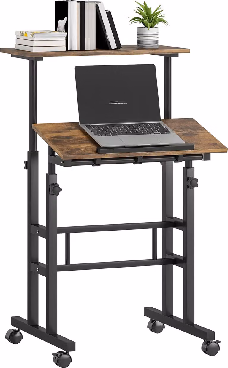 tavolo da cucina regolabile in altezza con ripiano, rotelle, scrivania per computer rustica marrone 60 x 60 x 70,5-120 cm