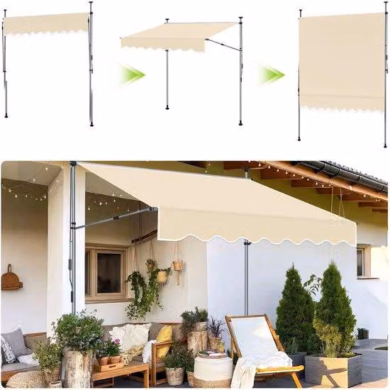 Tenda da sole regolabile - 250 cm - Protezione solare, protezione dai raggi UV e dall'acqua, ideale per balconi, terrazze e giardini - Colore: beige