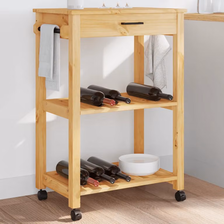 vidaXL Carrello da Cucina MONZA in Legno Massello di Pino Marrone con Ruote L 60 cm x P 40 cm x H 88,5 cm