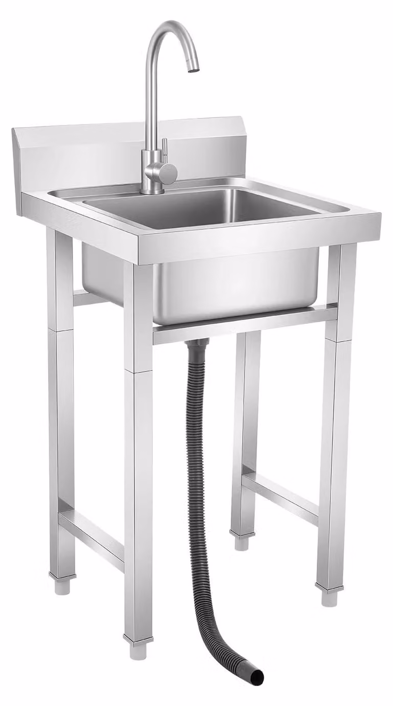 Lavello professionale, rubinetto girevole a 360°, cestello filtrante incluso, colore argento