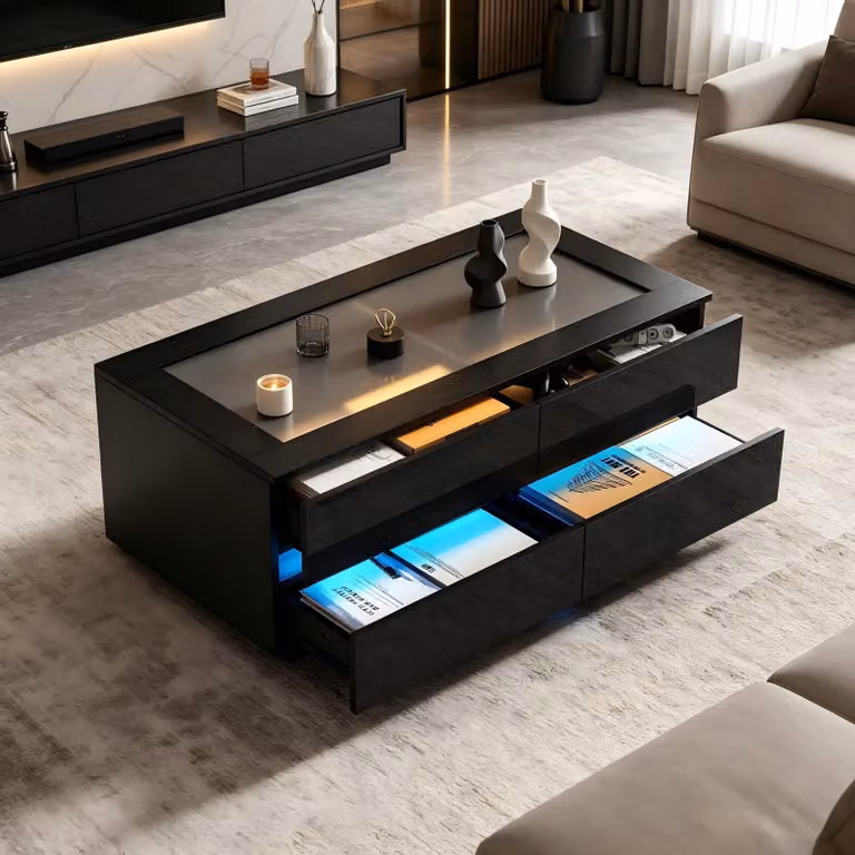 Tavolino Merax lucido con 4 cassetti e illuminazione a LED, tavolino da salotto con piano in vetro e pellicola protettiva, tavolino da caffè in truciolato, nero
