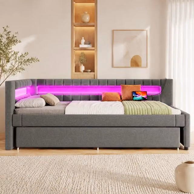 Divano letto daybed 90x200 cm con letto estraibile; LED; USB e Type-C; in lino grigio