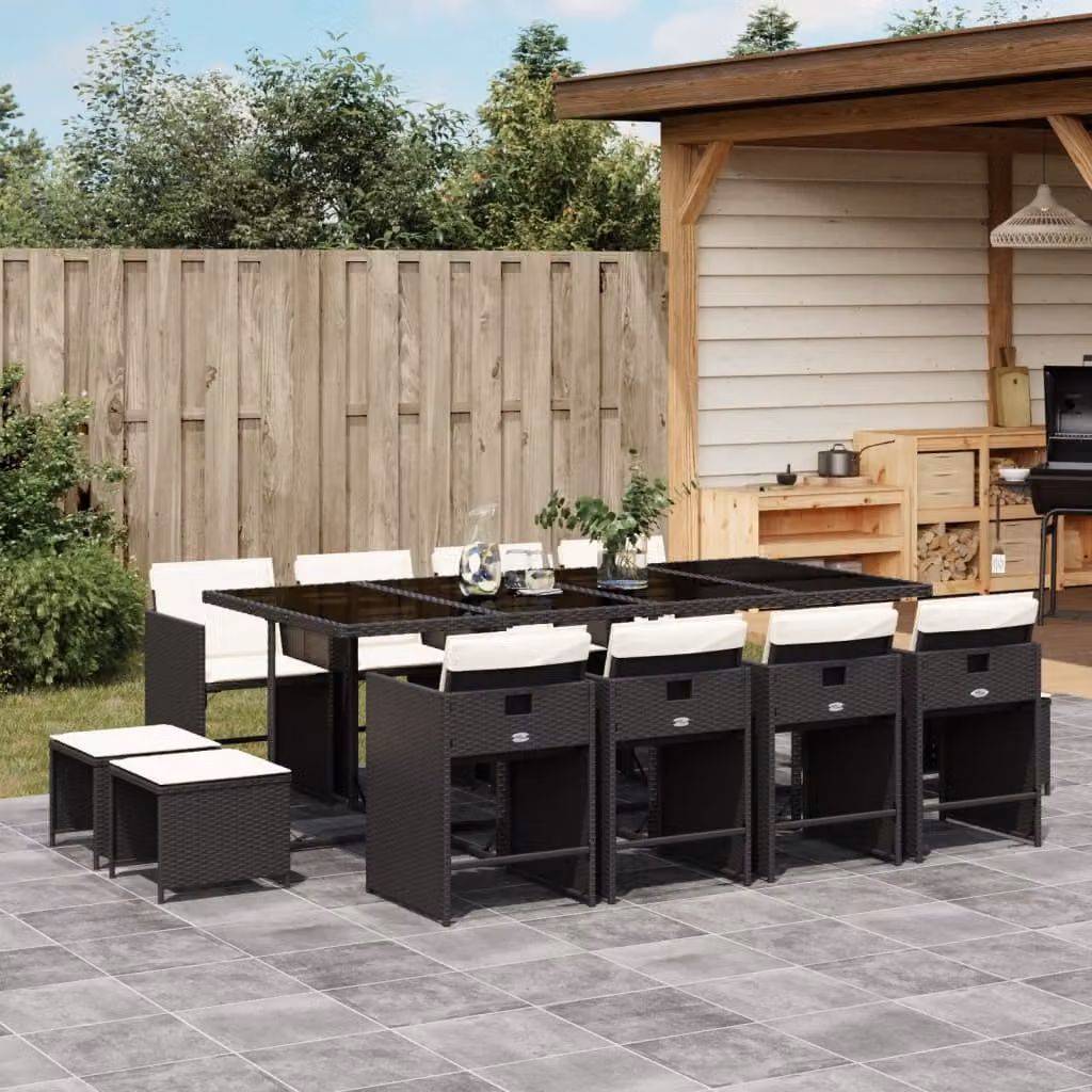 vidaXL Set da Pranzo da Giardino 13pz in Polyrattan Nero con Cuscini e Tavolo in Vetro – 1