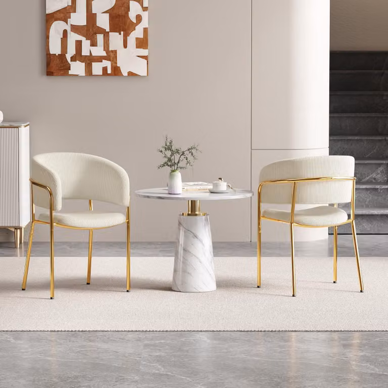 Set di 2 sedie per sala da pranzo Merax, sedia moderna per sala da pranzo con gambe dorate, bracciolo, sedia imbottita in tessuto di corda, sedie da cucina, piedini regolabili, beige
