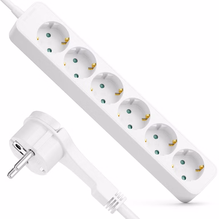 Ciabatta multipresa con spina piatta - Cavo da 1,4 metri - Ideale per essere posizionata dietro i mobili, 3680W 16A - Bianco