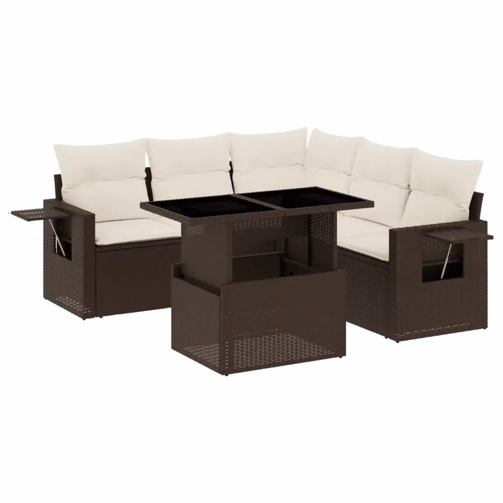vidaXL Set Divano da Giardino 6 pz a Forma a L in Polyrattan Marrone e Bianco con Cuscini Imbottiti e Tavolino – 2